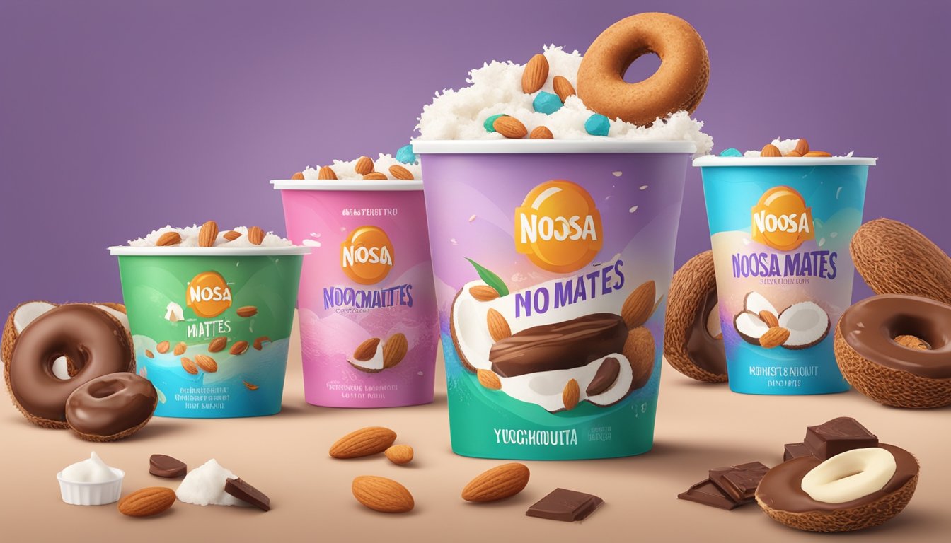 A colorful display of Noosa Mates yogurt cups surrounded by coconut, almonds, and chocolate, with a sugary doughnut in the background