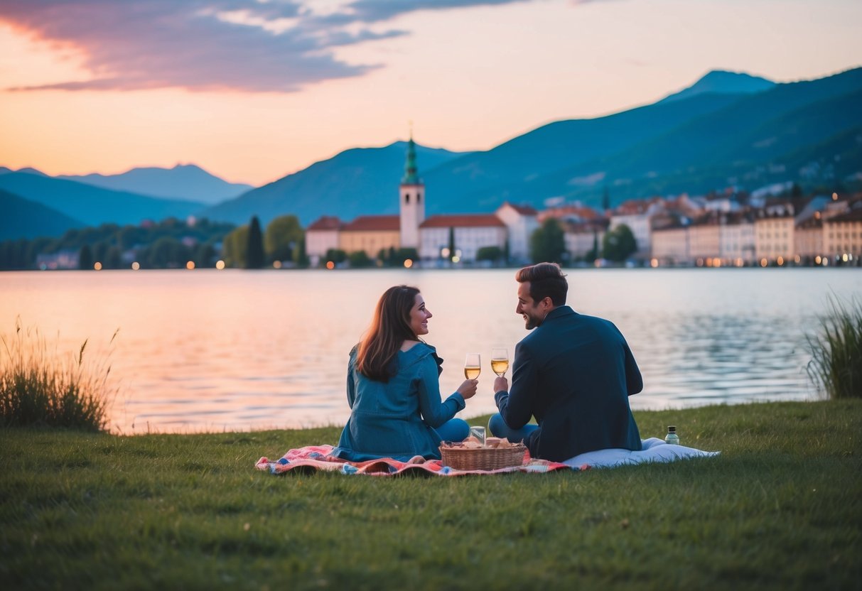 A couple picnicking by a serene lake at sunset, with a view of distant mountains and a quaint European town in the background