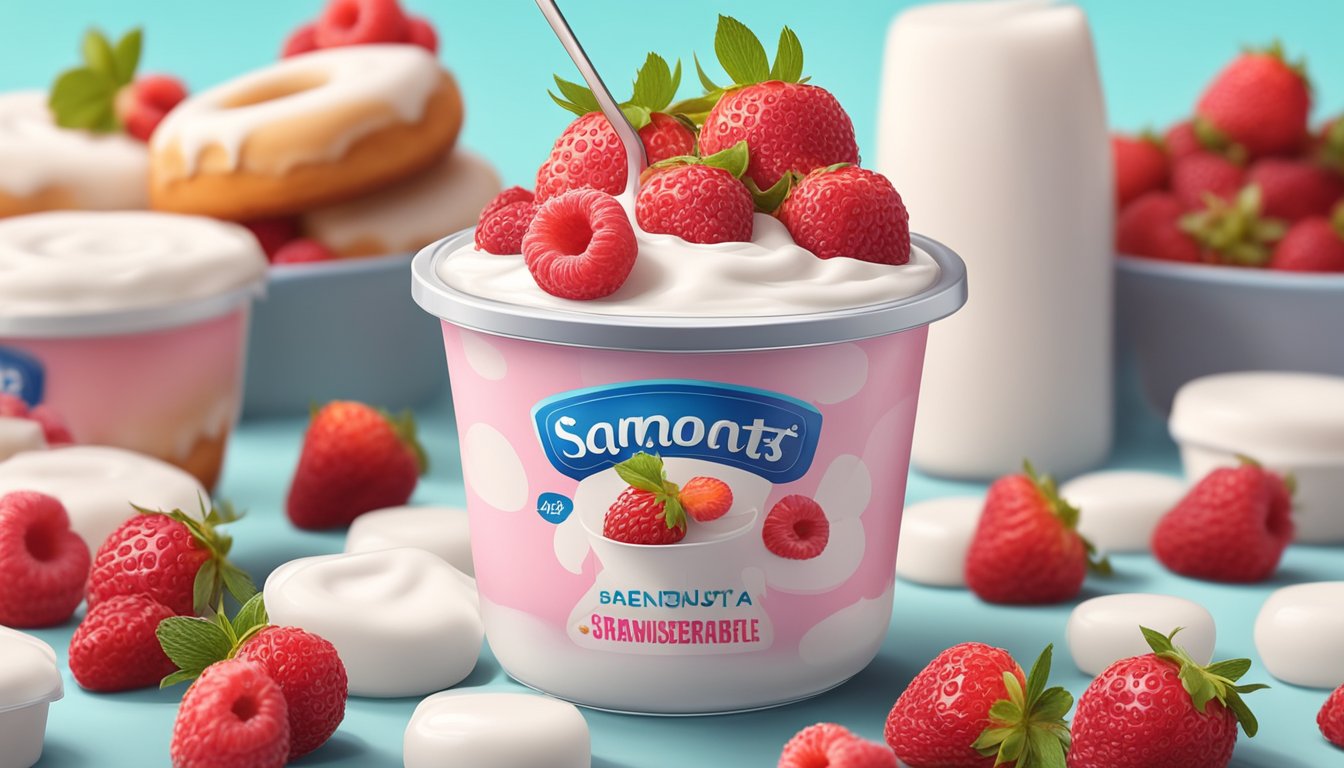 A pile of 10 yogurt containers, surrounded by fresh strawberries and raspberries, with a sugary doughnut in the background