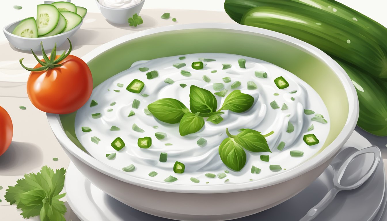 A bowl of tzatziki surrounded by fresh cucumber slices and cherry tomatoes, with a dollop of full-fat yogurt on top