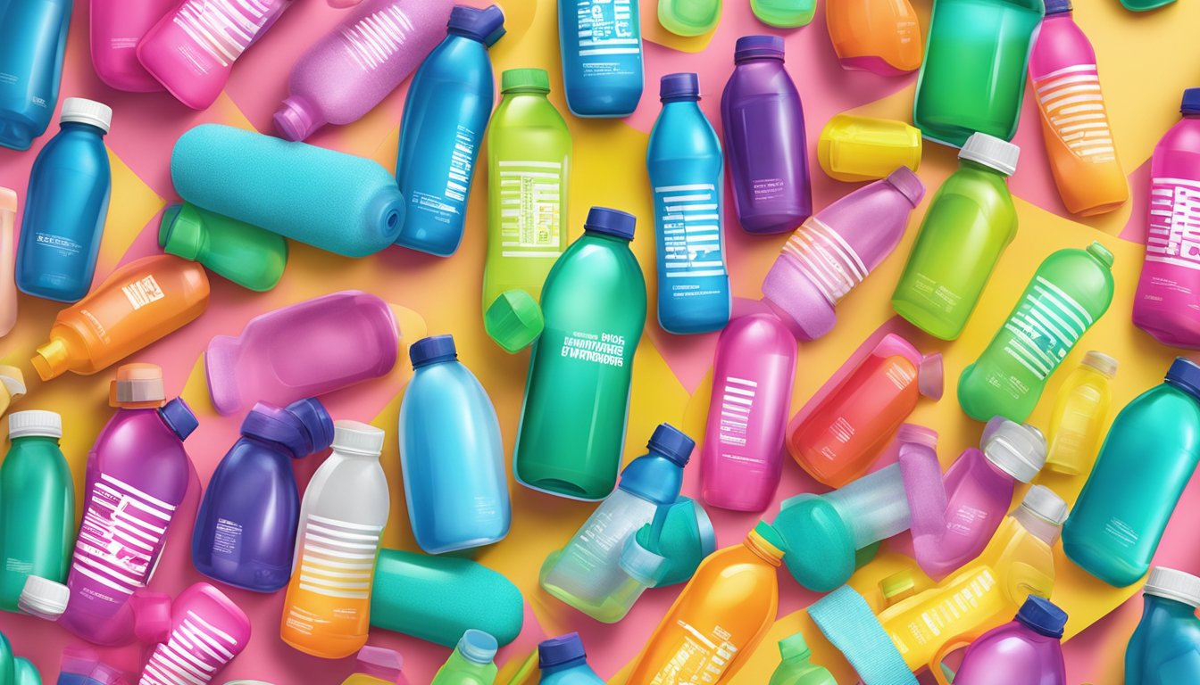 A group of colorful vitaminwater bottles surrounded by fitness equipment and a sweat towel