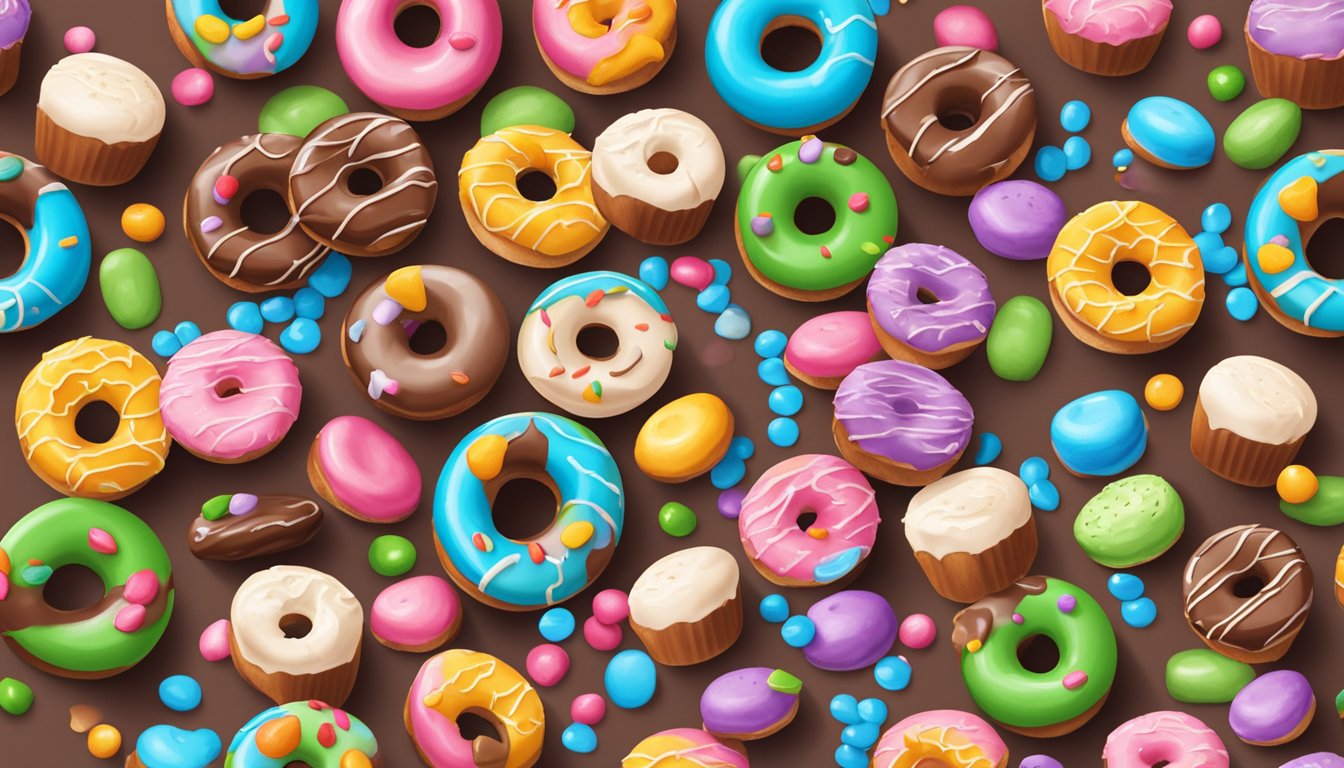 A colorful display of Choco-Moo Chewy Joys yogurt cups surrounded by sugary doughnuts