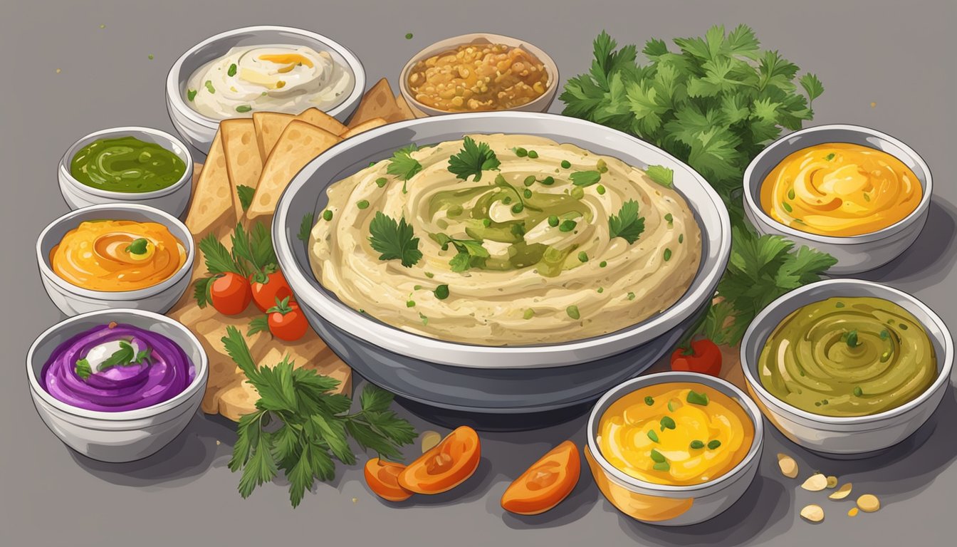 A bowl of baba ganoush drizzled with olive oil surrounded by a variety of colorful and appetizing dips