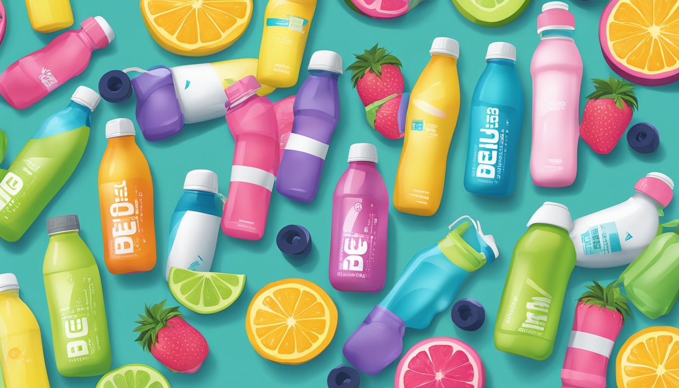 A group of Sobe Lifewater bottles surrounded by colorful fruit and exercise equipment, with a bold "Fitness" label