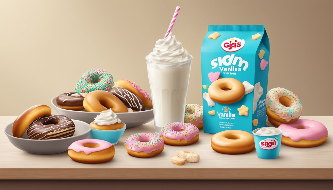 A table with 10 Siggi's Vanilla Triple Cream yogurts surrounded by sugary doughnuts