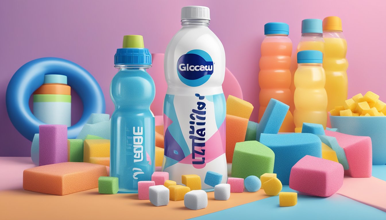 A bottle of Glaceau Smartwater surrounded by colorful fitness equipment and a pile of sugar cubes to illustrate the high sugar content