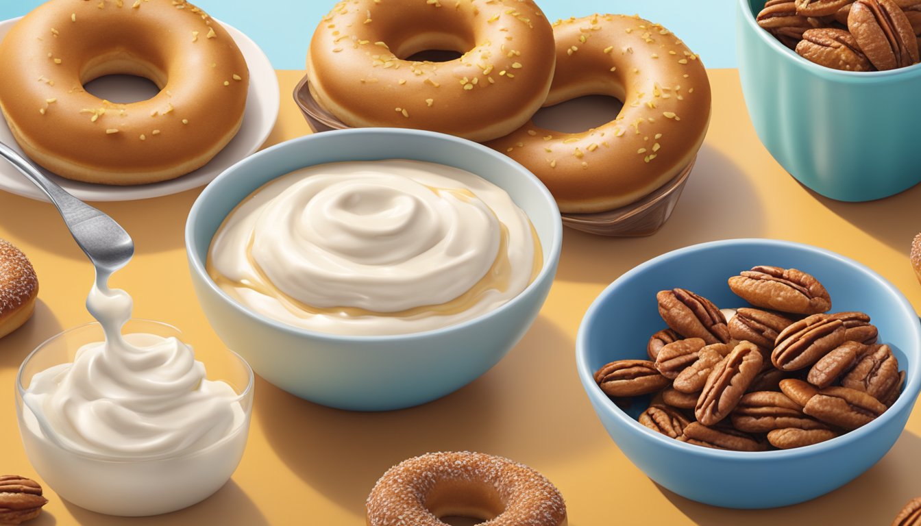 A bowl of Fage Crossovers Honey with Glazed Pecans yogurt surrounded by 10 doughnuts, emphasizing the high sugar content