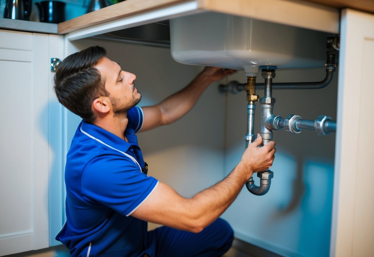 A plumber fixing a leaky pipe under a sink in a dimly lit kitchen