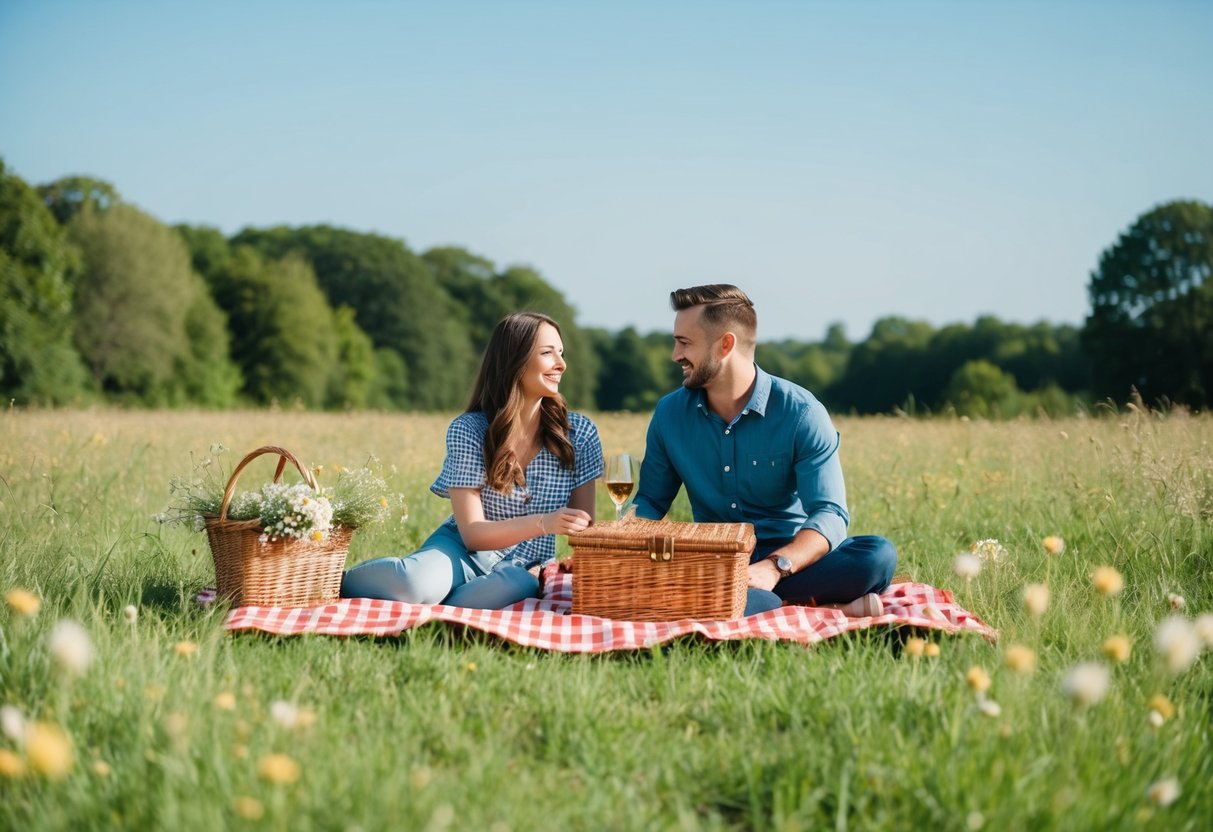 A couple picnicking in a grassy field, surrounded by trees and a clear blue sky. A checkered blanket is spread out with a wicker basket and a bouquet of wildflowers