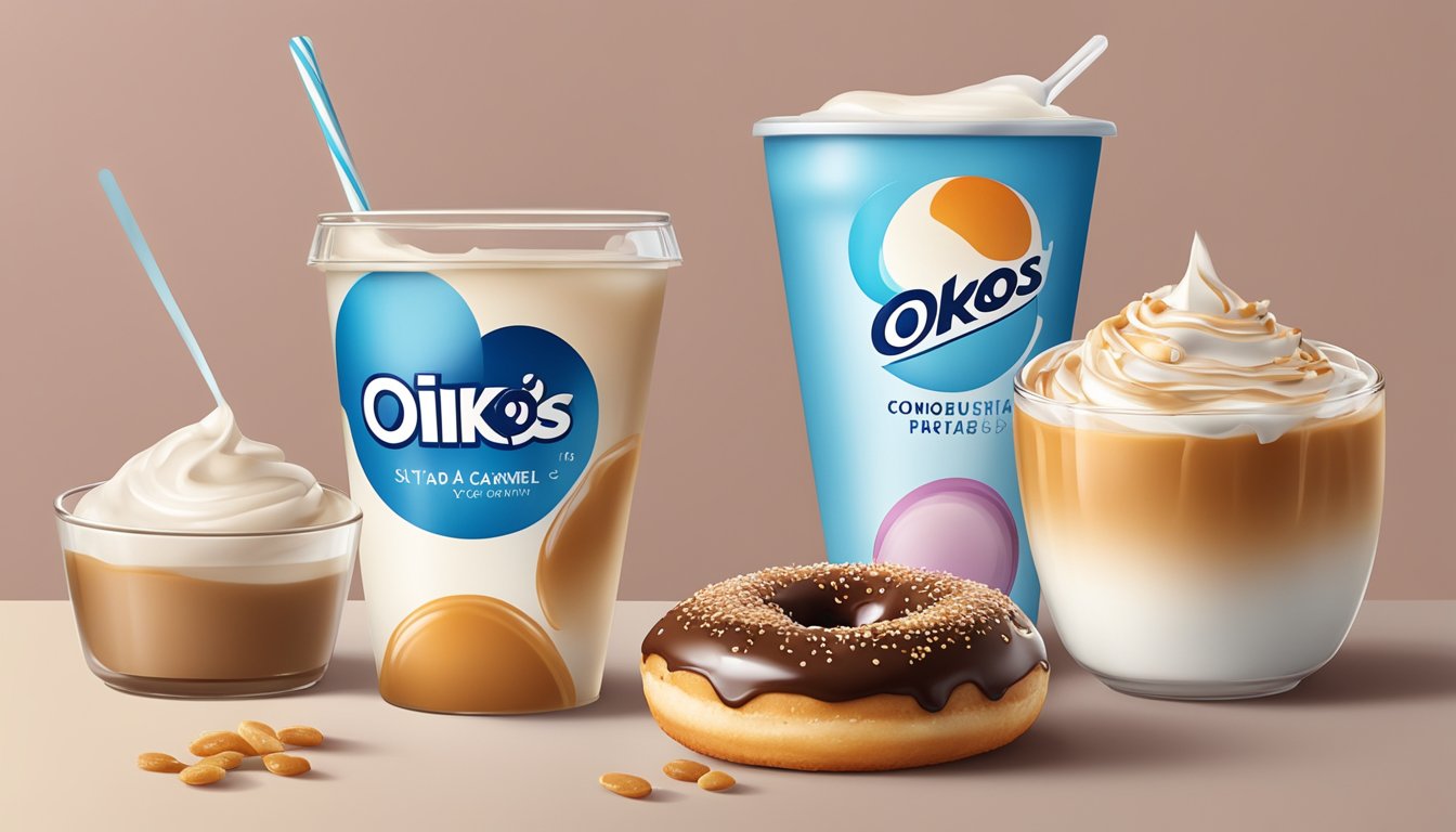 A table with 10 Oikos Triple Zero Salted Caramel yogurts, a doughnut, and a sugar bowl, emphasizing the high sugar content of the yogurts