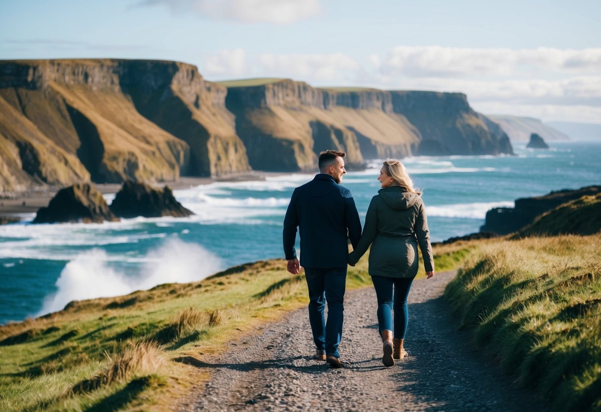 A couple strolling along the picturesque coastline of Aberdeenshire, with the rugged cliffs and crashing waves as a backdrop