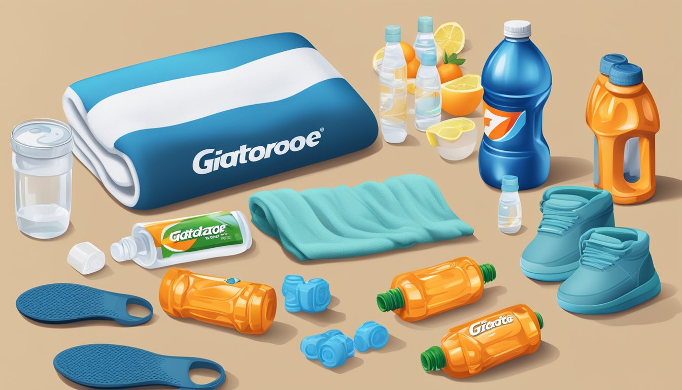 A table with eight bottles of Gatorade Fit "Fitness" water surrounded by exercise equipment and sweat towels