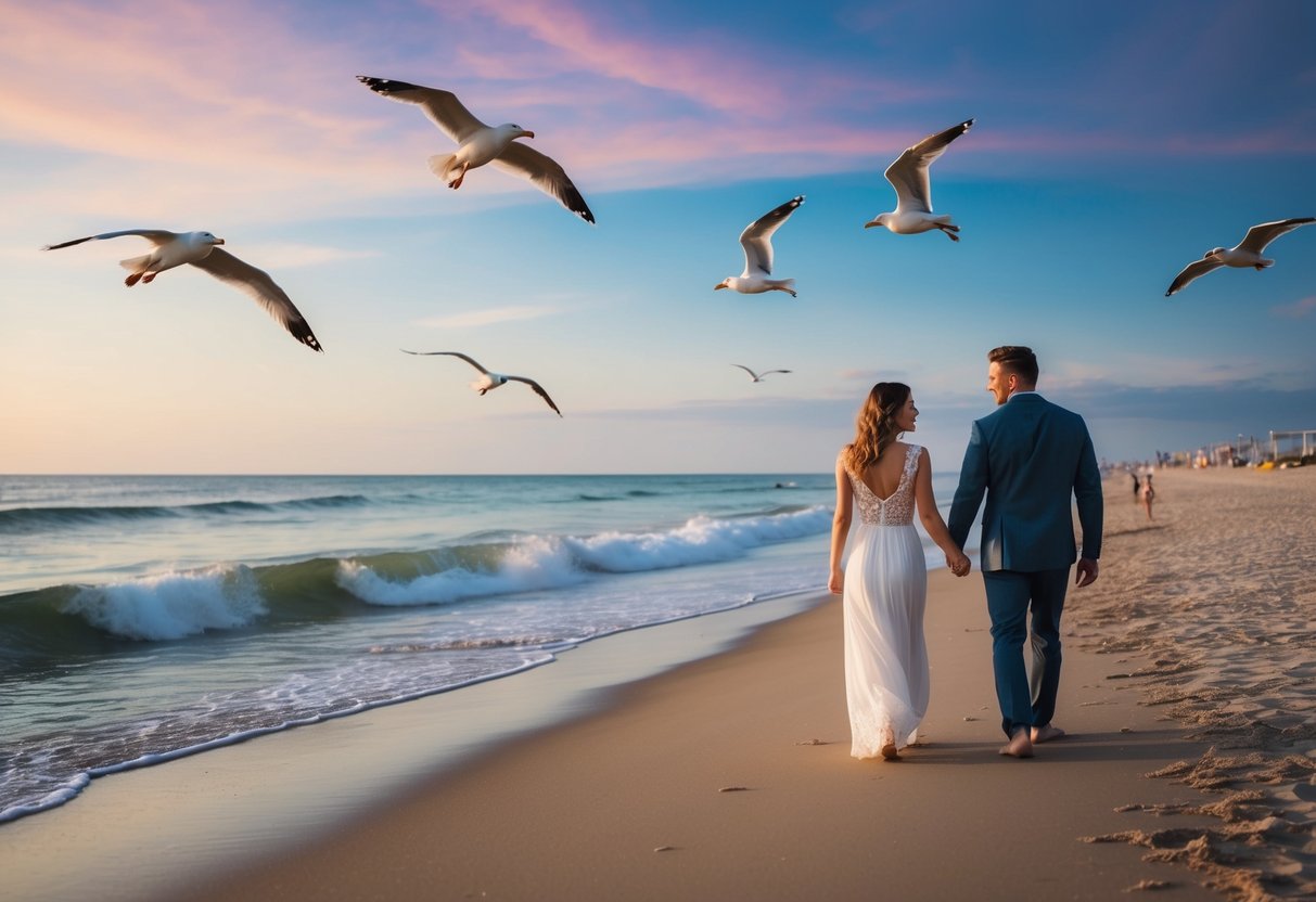 A serene beach scene with a couple walking along the shore, waves gently lapping at the sand, seagulls flying overhead, and a colorful sunset in the background