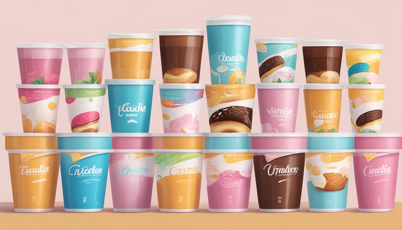 A table with 10 yogurt containers, each labeled with a different flavor and brand. A large doughnut is placed next to them for comparison