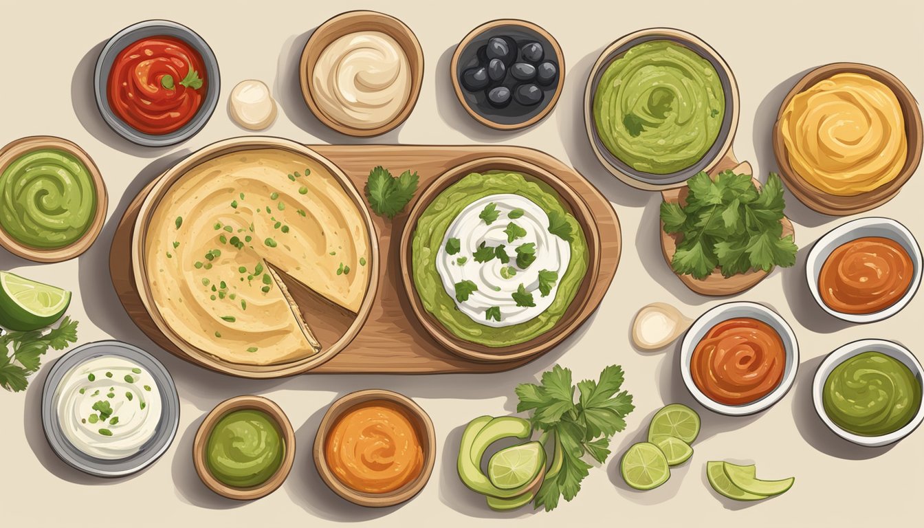 A table spread with various types of dips, including hummus, guacamole, and salsa, each labeled with their calorie content