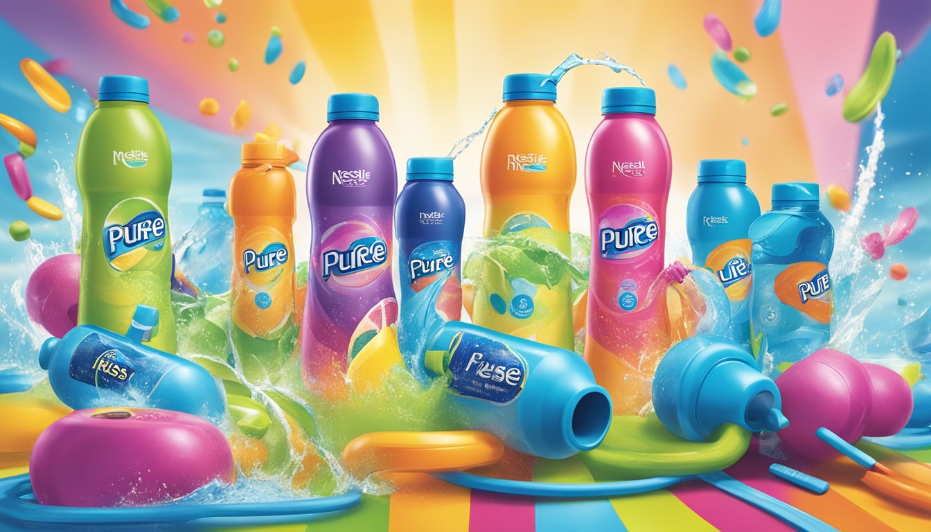 A group of Nestlé Pure Life Splash 8 "Fitness" water bottles surrounded by colorful, active fitness equipment and a vibrant, energetic atmosphere