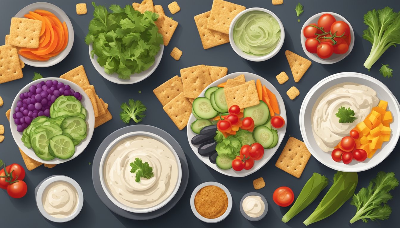 A table spread with various bowls of dip surrounded by colorful vegetable slices and whole grain crackers