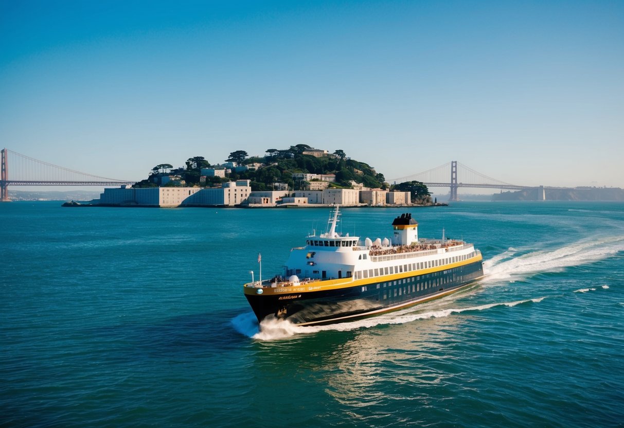 A ferry cruises towards Alcatraz Island under a clear blue sky, with the iconic prison looming in the distance