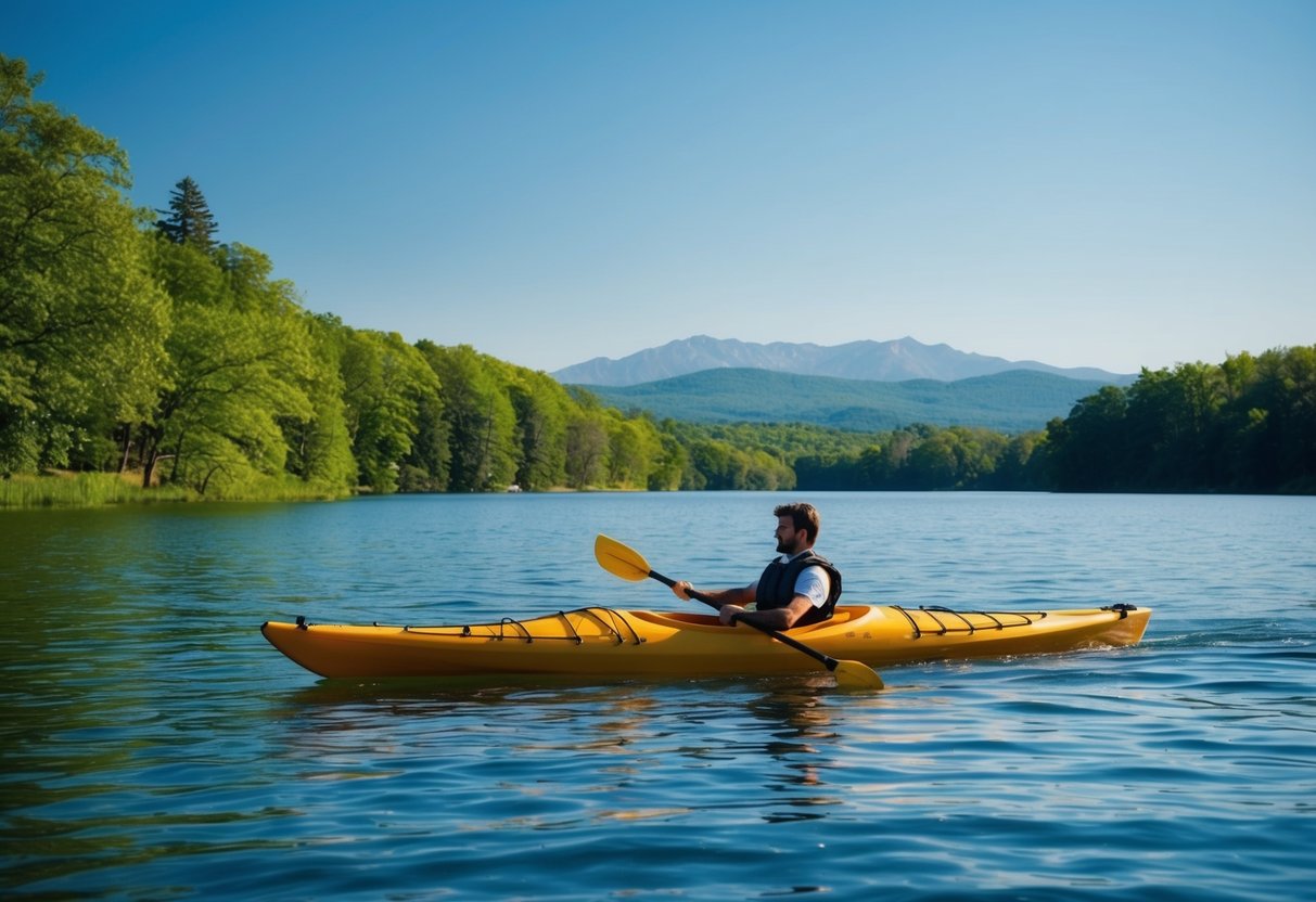 A kayak glides across a serene lake, surrounded by lush green trees and distant mountains under a clear blue sky
