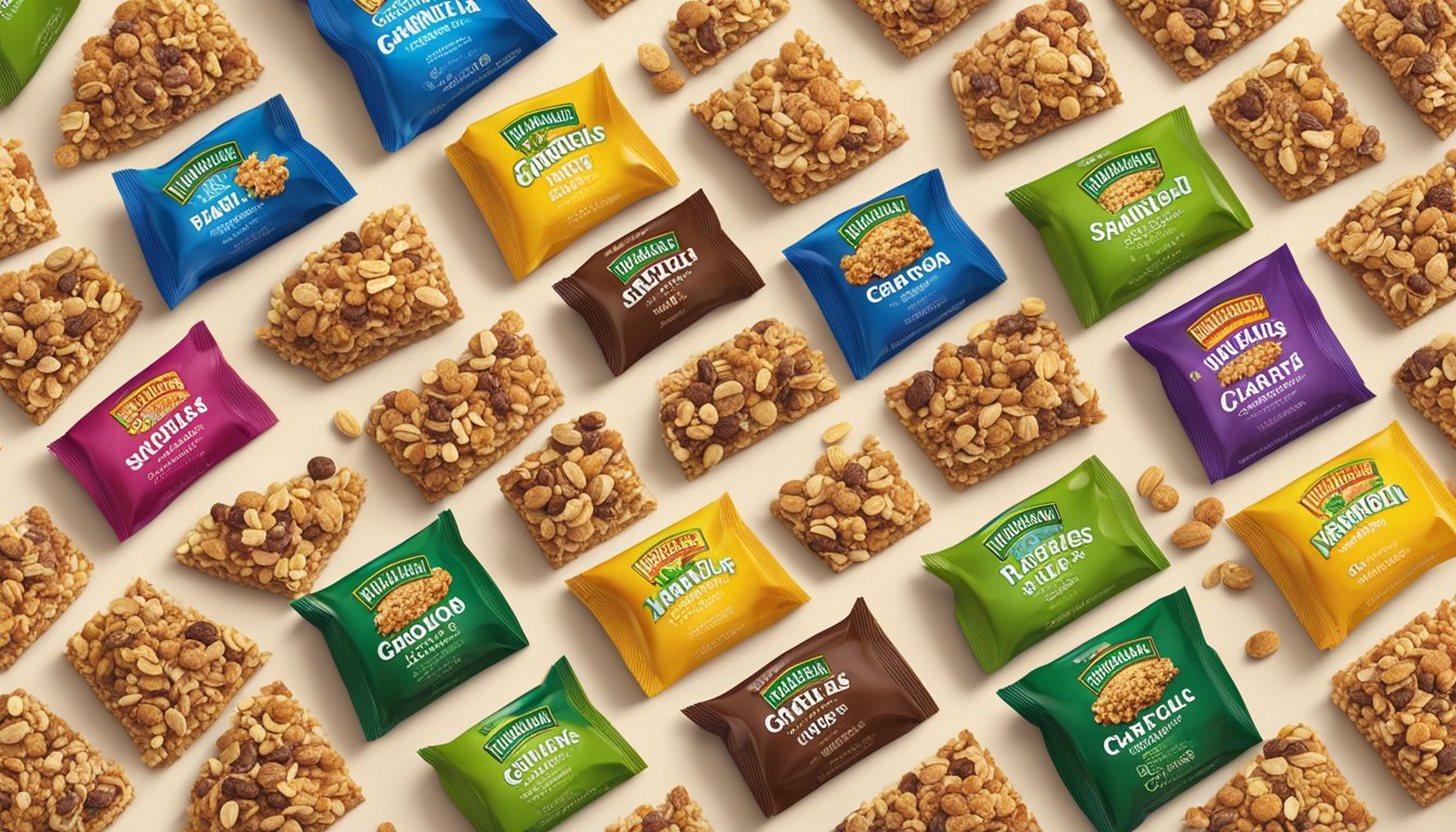 A close-up of a variety of Nature Valley granola cups arranged on a wooden surface with scattered granola pieces and crumbs