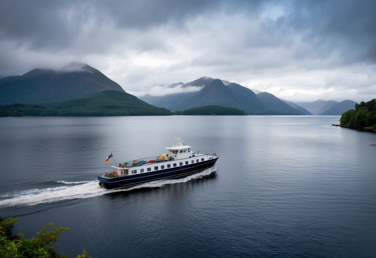A boat glides across Loch Ness, surrounded by misty mountains and lush greenery. The water is calm, reflecting the cloudy sky above