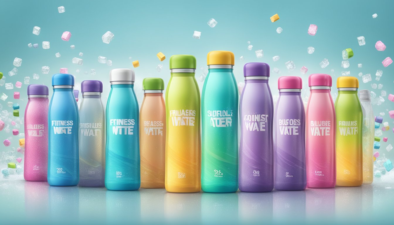 A lineup of colorful, sleek fitness water bottles with exaggerated claims, surrounded by scattered sugar cubes