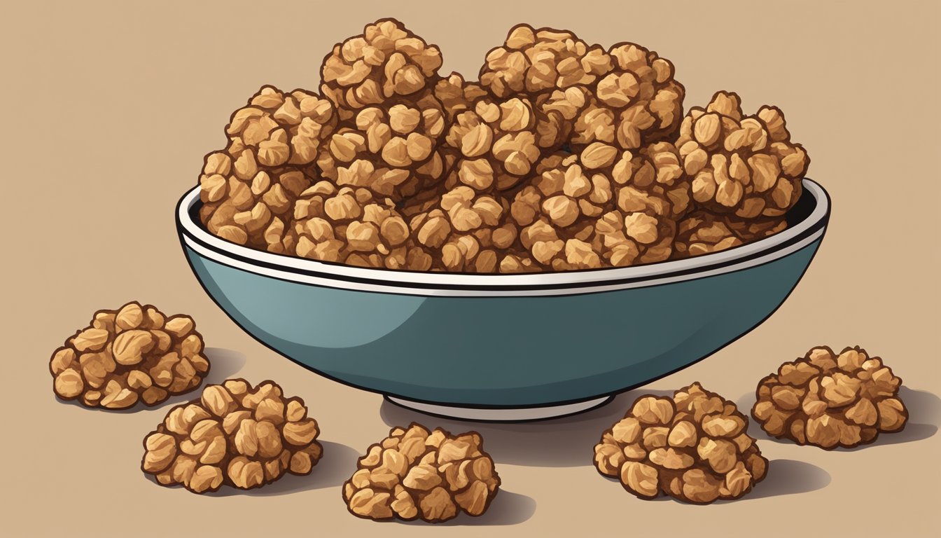 A bowl of KIND Peanut Butter Clusters surrounded by 9 granola cookies