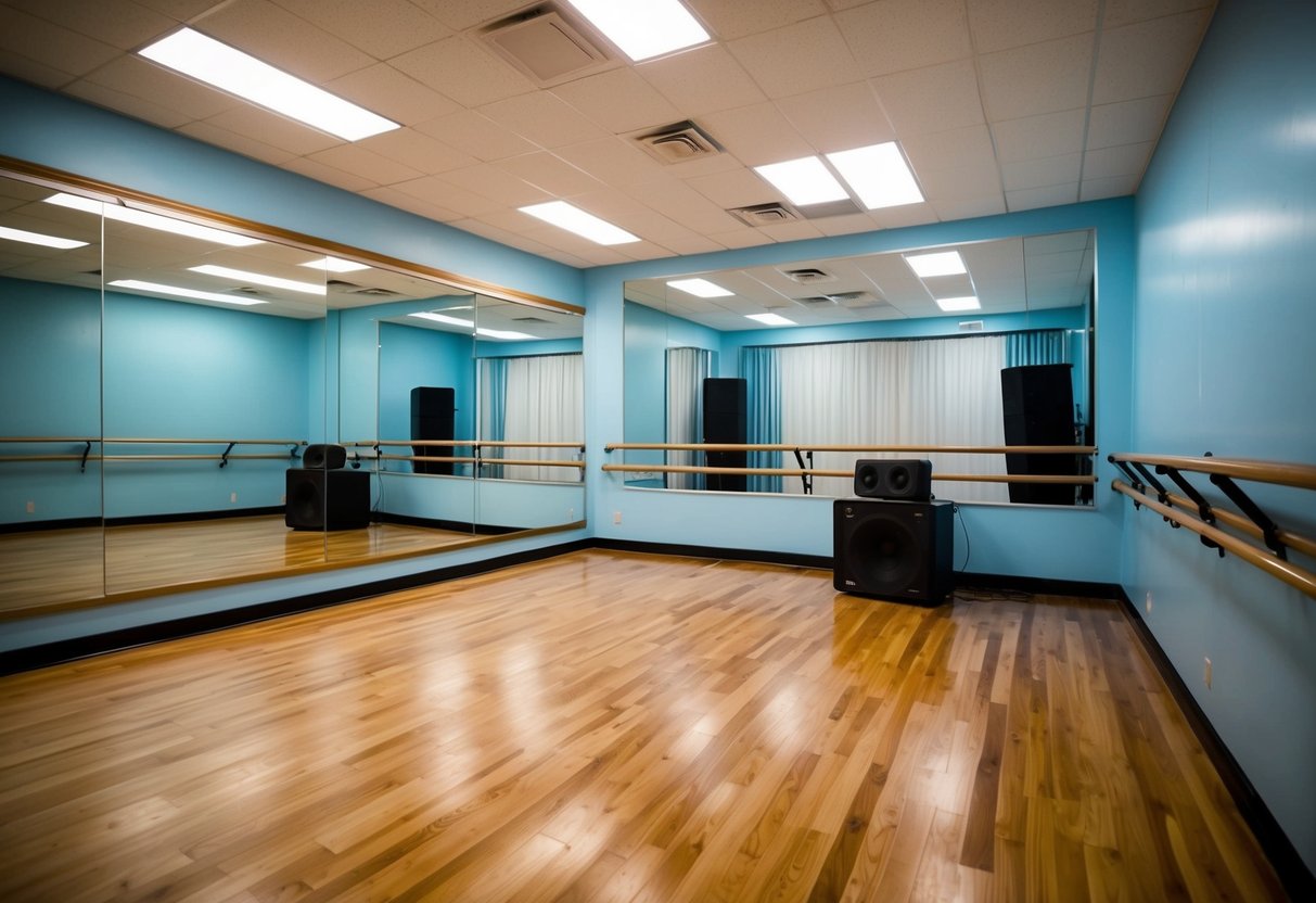 A dance class studio with a wooden floor, large mirrors, ballet barres, and a stereo system
