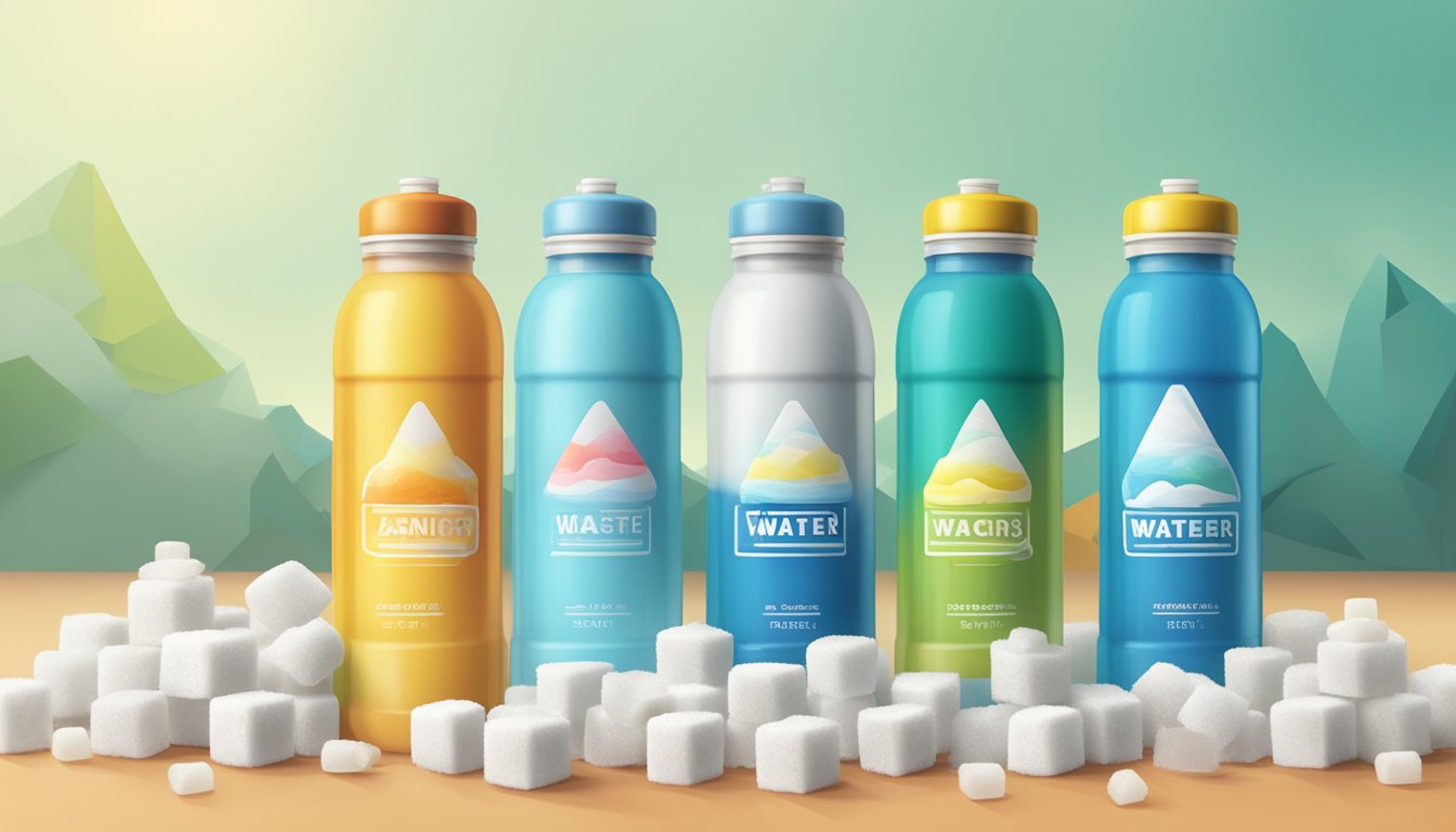 A lineup of colorful, sporty water bottles surrounded by sugar cubes and a warning sign