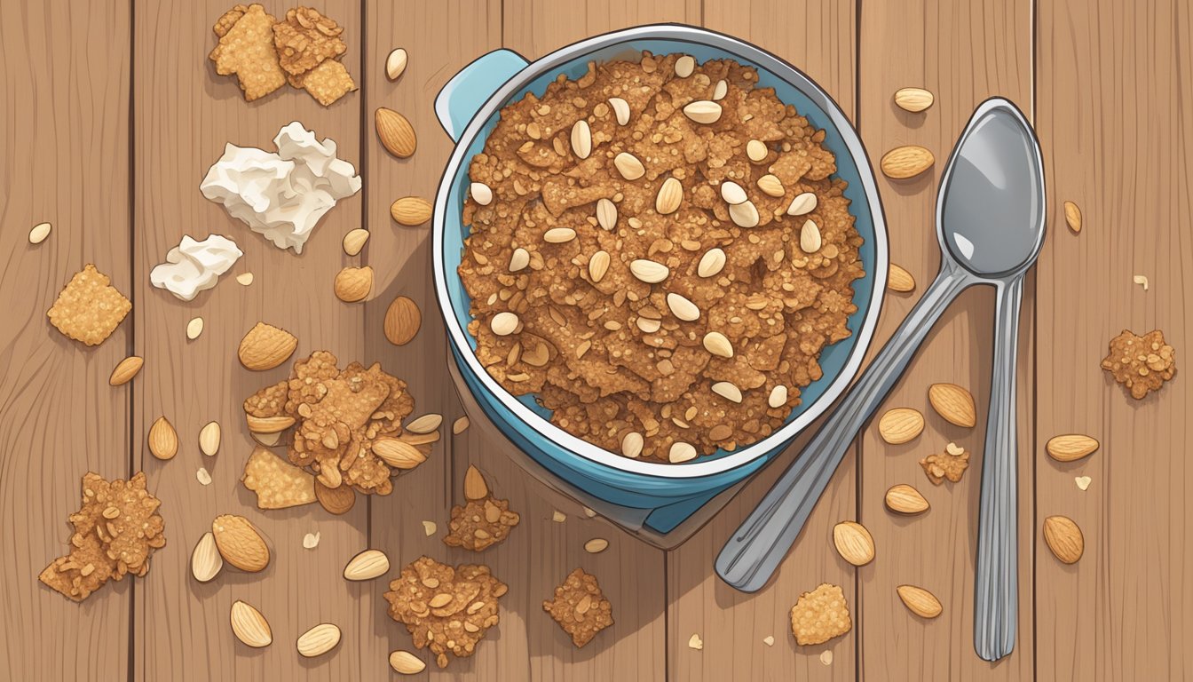 A bowl of Bear Naked V'nilla Almond Crunch granola surrounded by scattered cookie crumbs and almond pieces on a wooden table