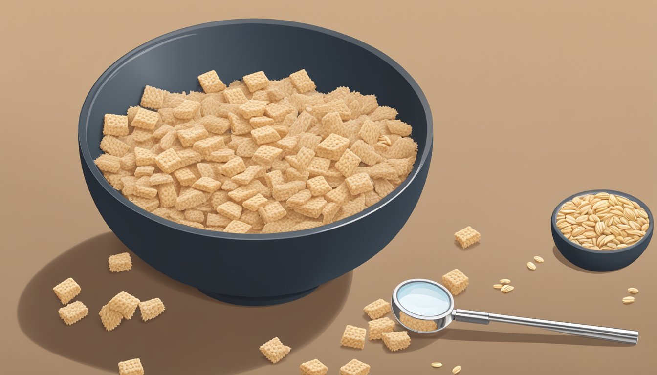 A bowl of Frosted Mini-Wheats surrounded by scattered whole grains and a magnifying glass revealing the lack of whole grains in the cereal