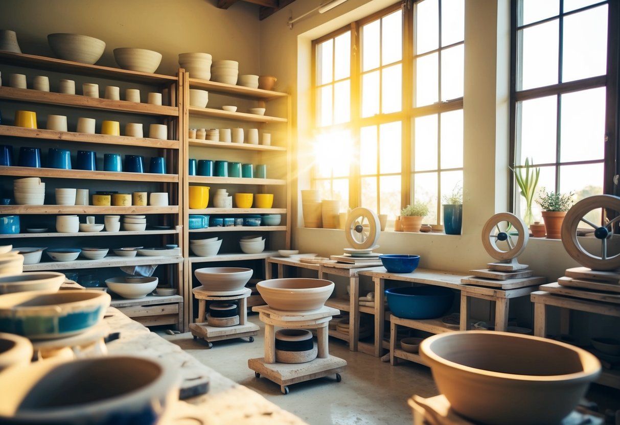A cozy pottery studio with spinning wheels, shelves of clay, and colorful glazes. Sunlight streams through large windows, casting a warm glow on the creative space