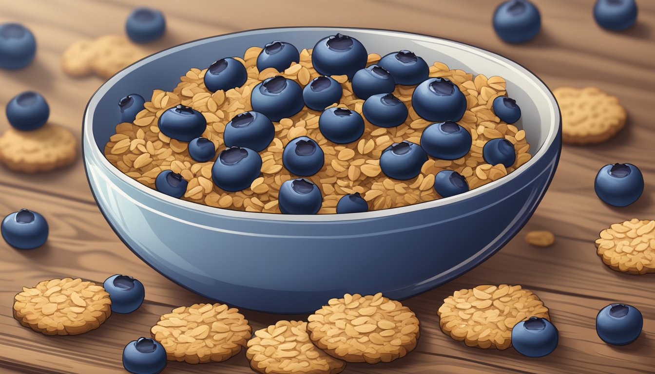 A bowl of Blueberry Hemp granola surrounded by scattered cookies on a wooden table