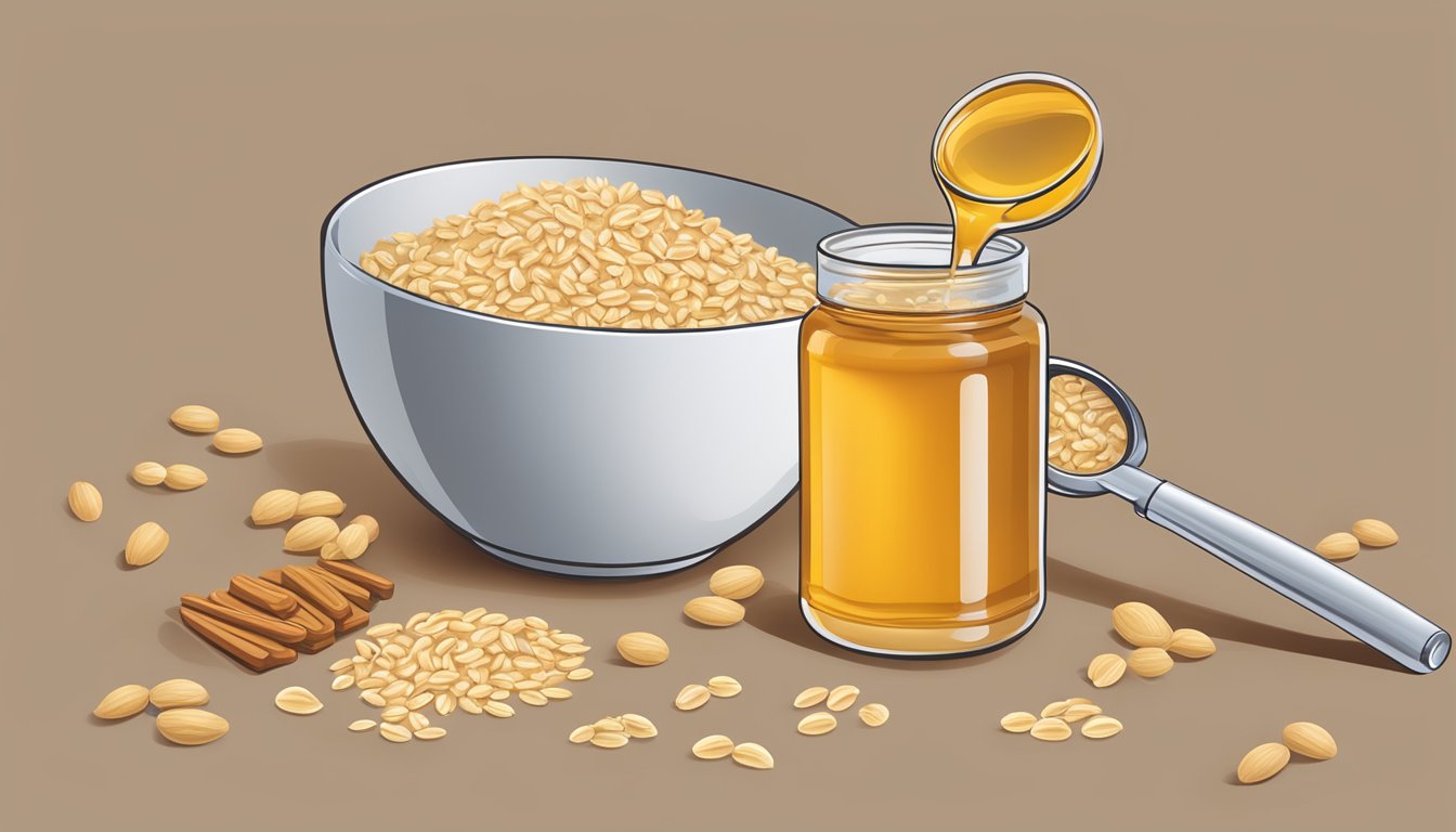 A bowl of Quaker Honey Nut Oats surrounded by scattered whole grains and a magnifying glass revealing the lack of actual whole grains in the product