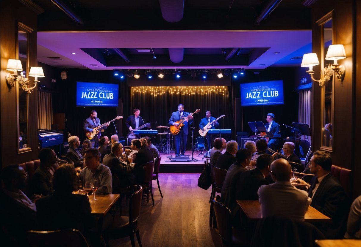 A dimly lit jazz club with a stage, instruments, and a small audience enjoying the music