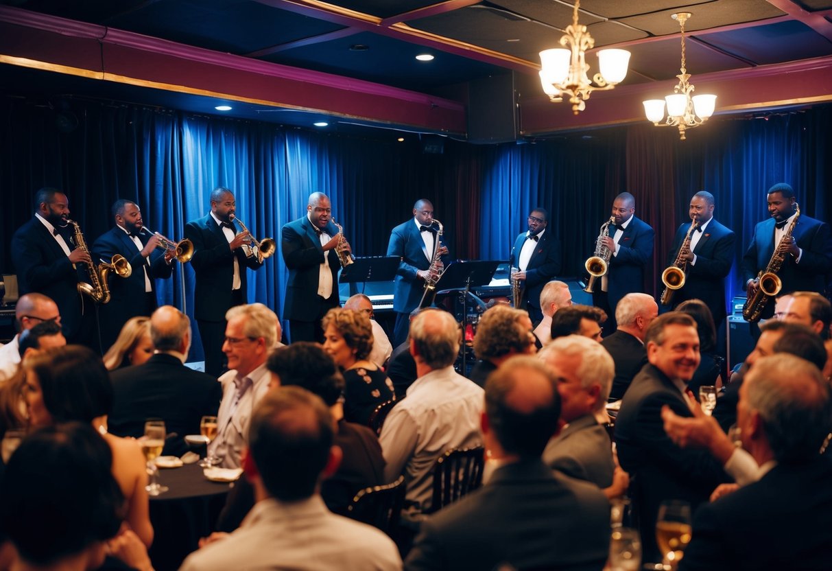 A lively jazz band performs on a dimly lit stage in a crowded New Orleans club, as couples sway and tap their feet to the rhythm