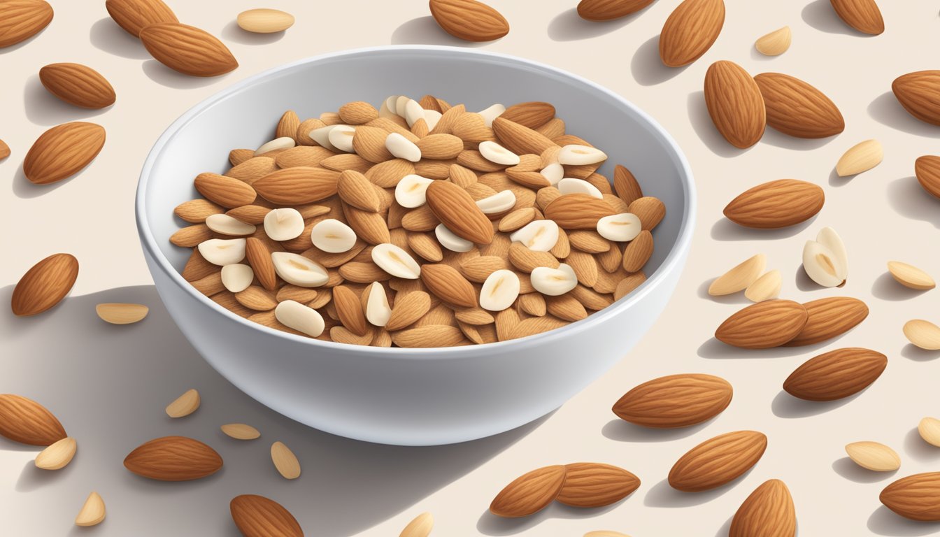 A bowl of Special K Vanilla Almond cereal surrounded by scattered whole almonds and vanilla pods, with the "whole grain" label prominently displayed