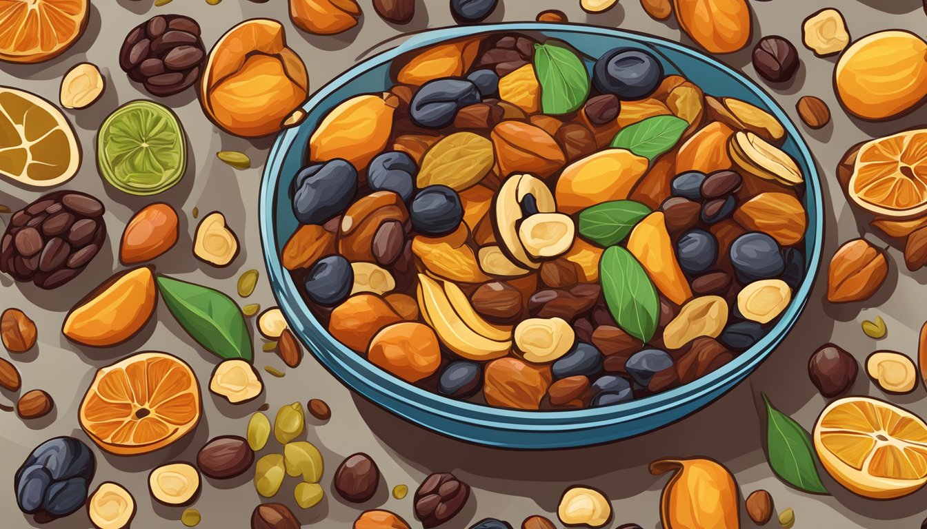 A colorful assortment of dried fruits and raisins spilling out of a vibrant, overflowing bowl