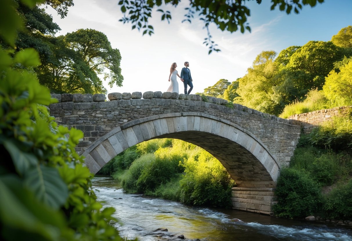 A couple strolls over the ancient stone bridge, surrounded by lush greenery and the gentle flow of a river below
