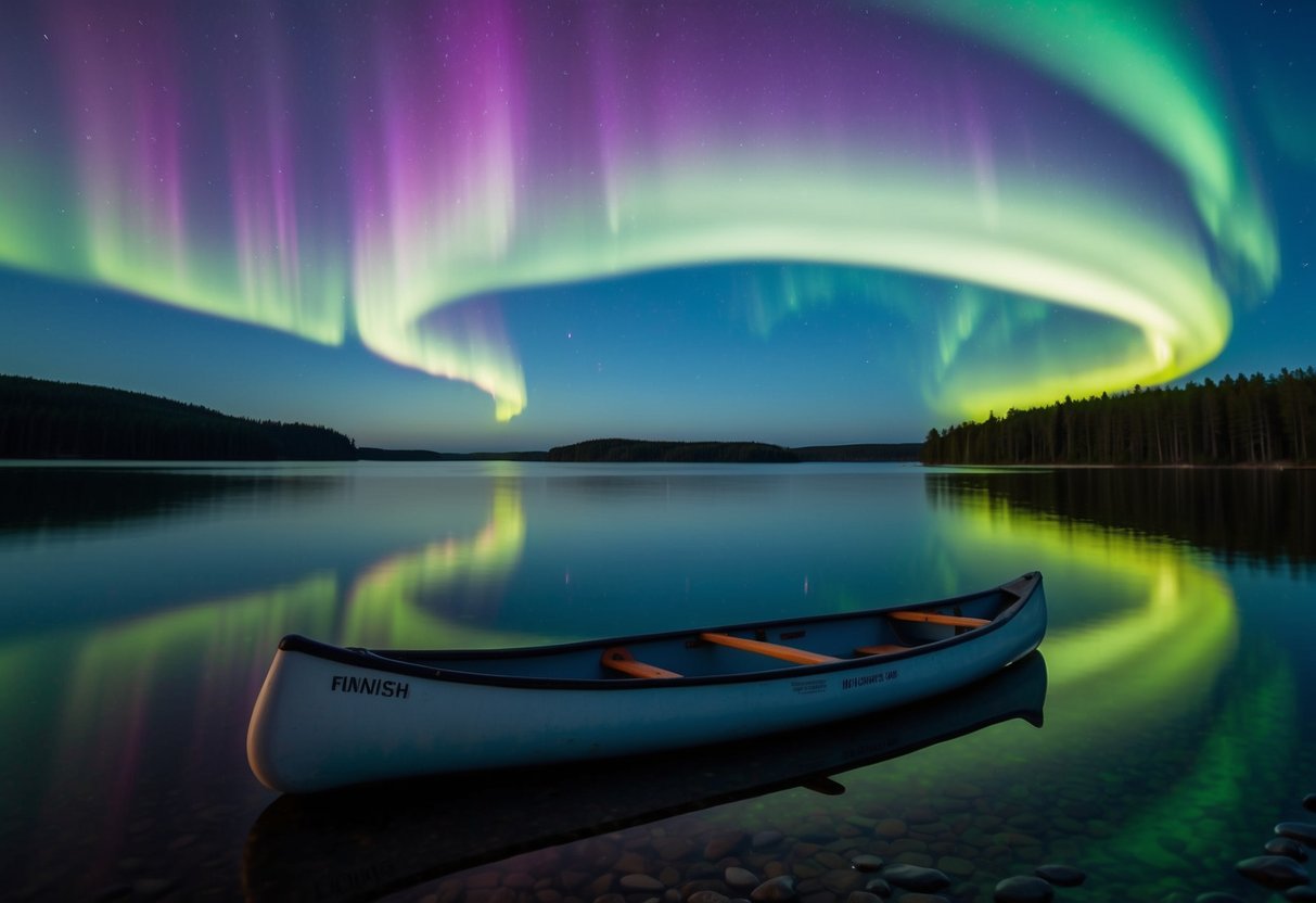 A canoe glides under the vibrant hues of the Northern Lights, reflecting off the calm waters of a Finnish lake