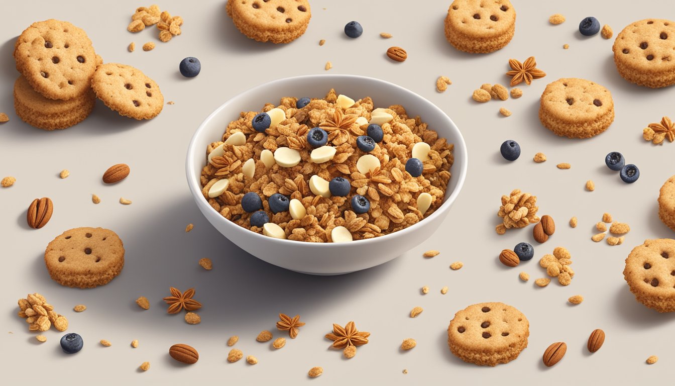 A bowl of Udi's Vanilla Granola surrounded by scattered granolas and cookie crumbs