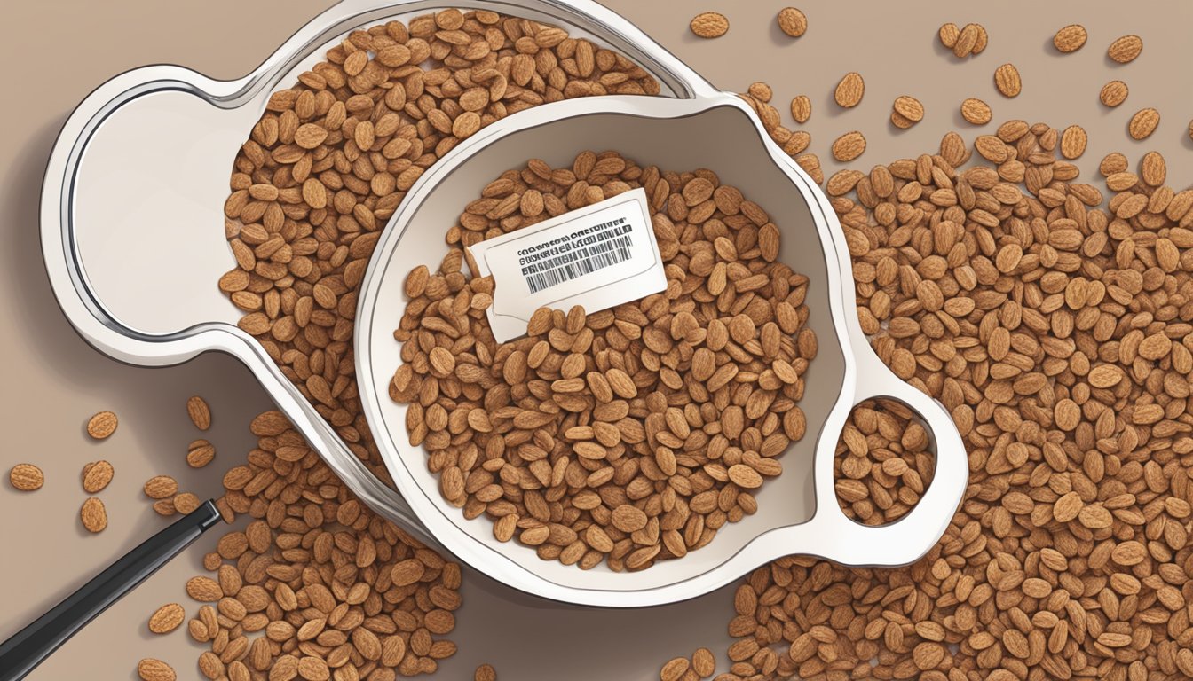 A bowl of Raisin Bran Crunch surrounded by scattered whole grains and a magnifying glass inspecting the ingredients label