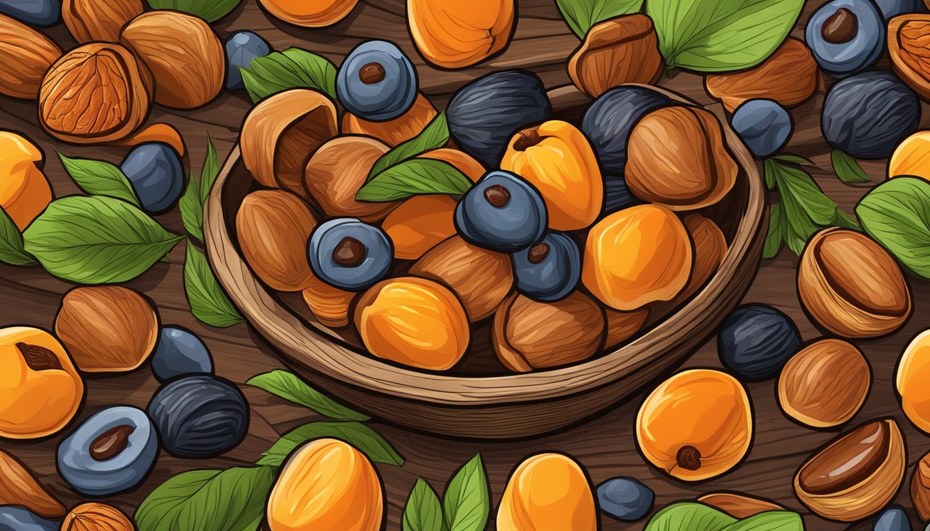 A colorful assortment of dried apricots, dates, and other fruits spilling out of a rustic wooden bowl