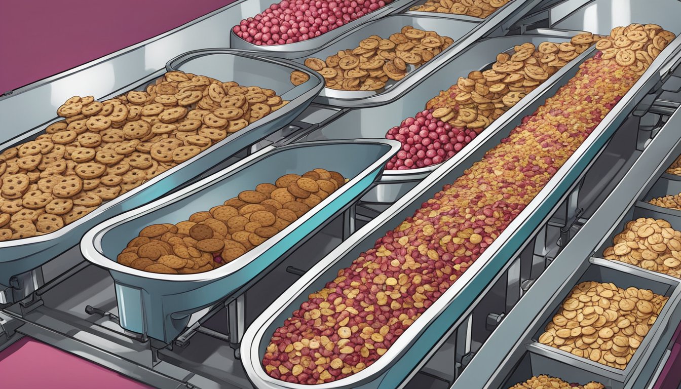 A conveyor belt carries cranberry walnut granolas, surrounded by cookies, in a bustling factory