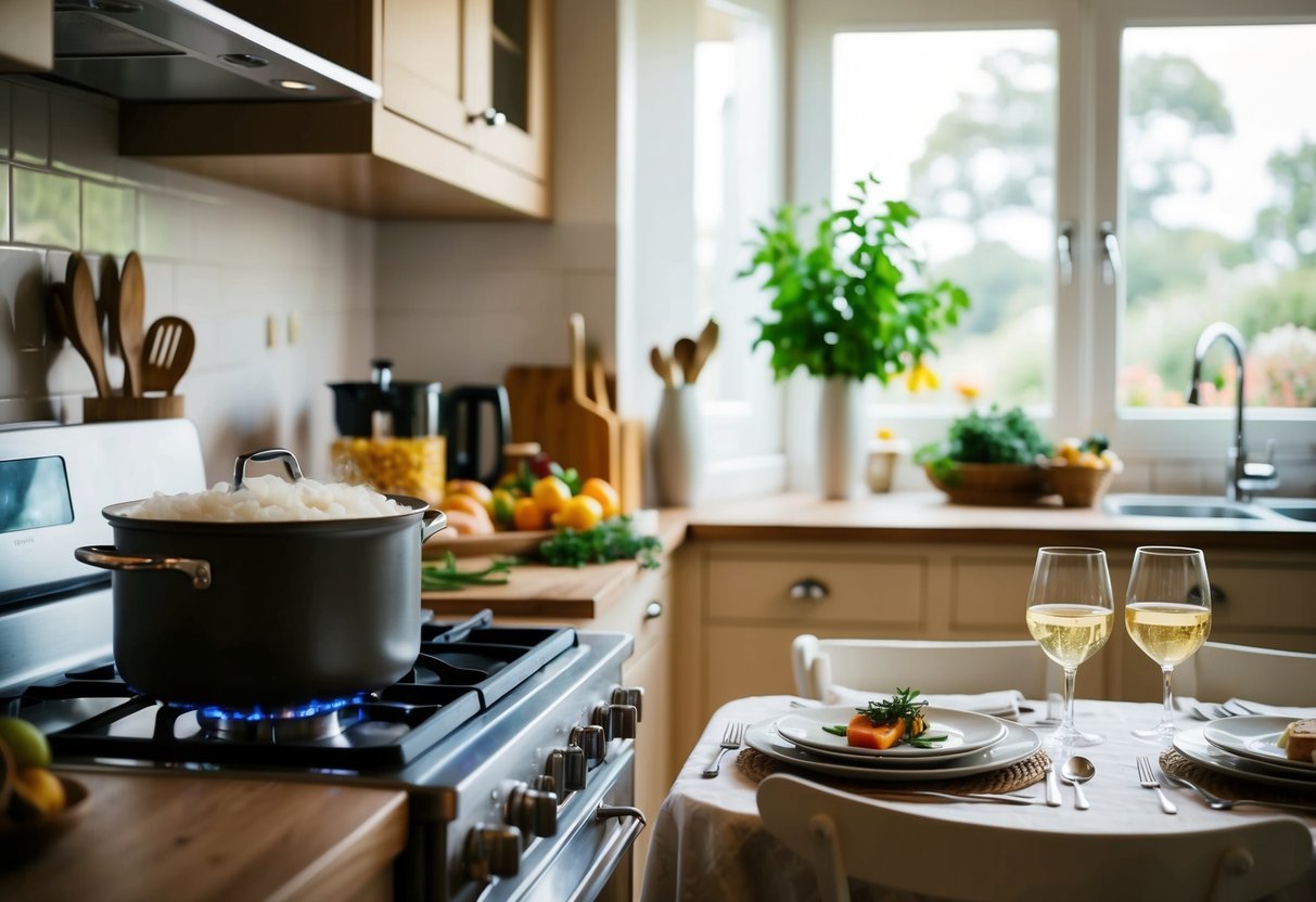 A cozy kitchen with a bubbling pot on the stove, fresh ingredients on the counter, and a romantic table set for two