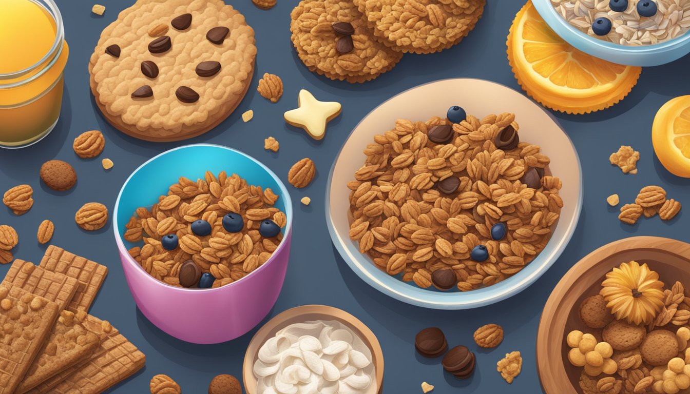 A colorful spread of granola and cookies arranged in a visually appealing manner, with a focus on the contrast in texture and ingredients between the two snacks