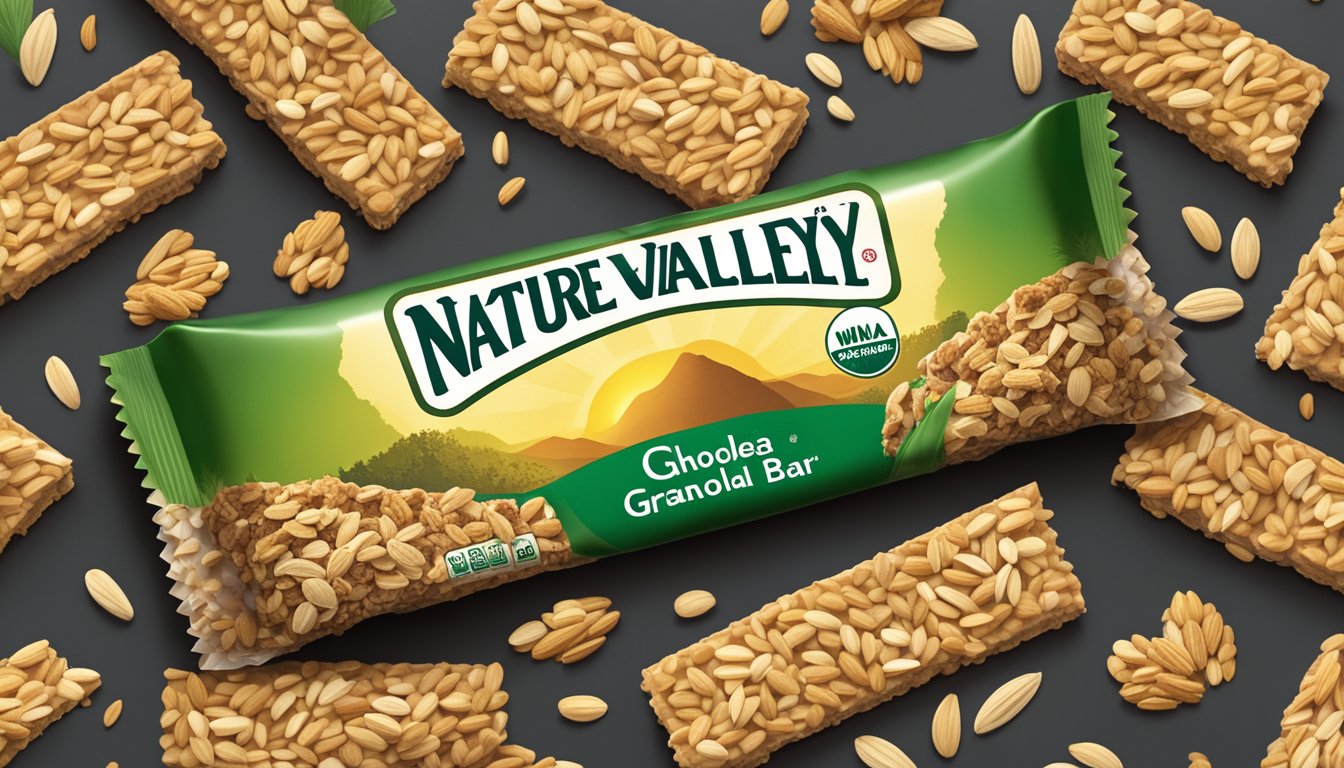 A close-up of a Nature Valley Granola Bar surrounded by scattered whole grains and oats, with a prominent "Whole Grain" label