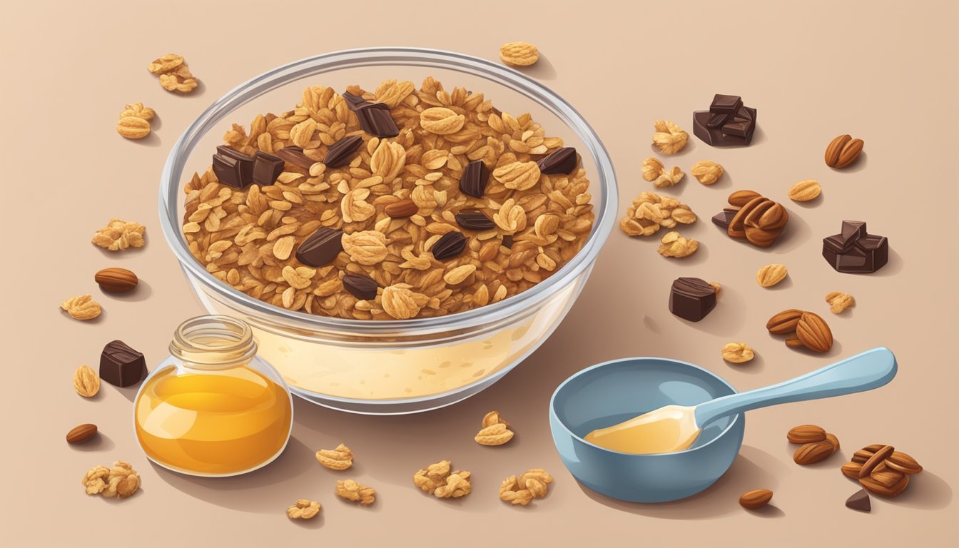 A bowl of granola with chocolate chips, oats, nuts, and dried fruit, surrounded by cookie cutters and a jar of honey