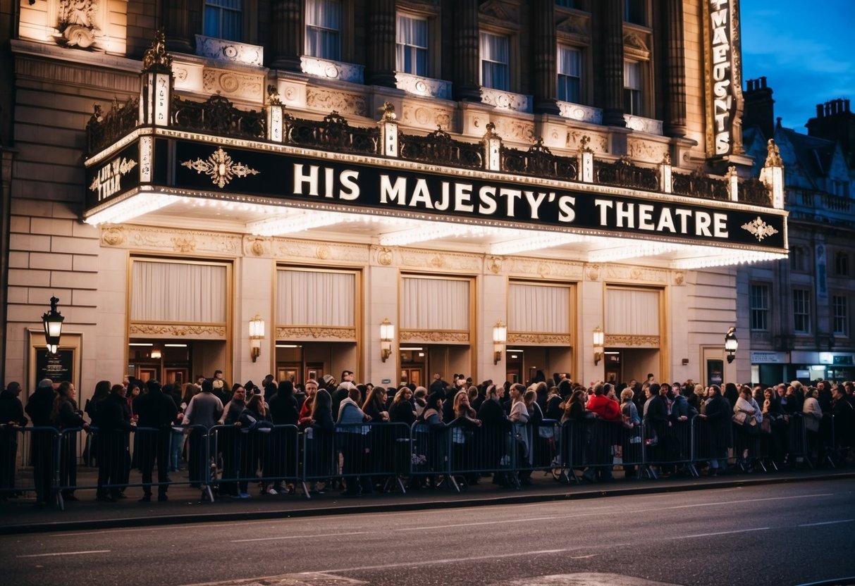 The grand facade of His Majesty's Theatre at dusk, with twinkling lights and a queue of theatergoers eagerly waiting to catch a show
