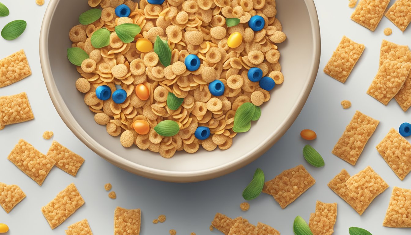 A bowl of Fiber One Original cereal surrounded by scattered, unprocessed whole grains